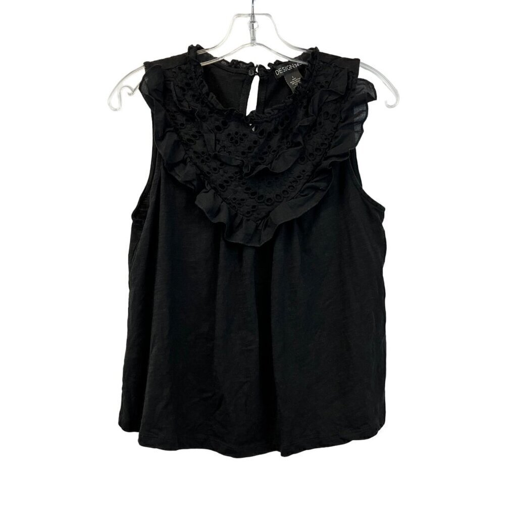 Design 365 Sleeveless Ruffle Neck Pullover Blouse Black Womens Size Large